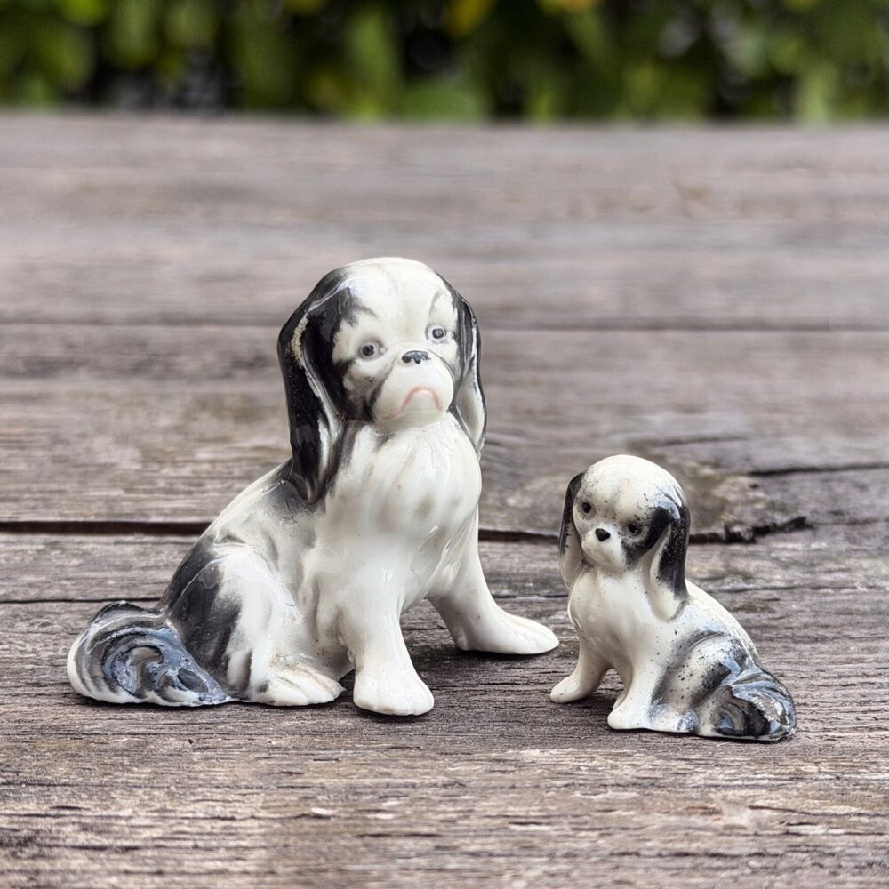 Vintage SPANIEL Mother & Puppy Pair Set Dog Porcelain Figurine Germany 1940's